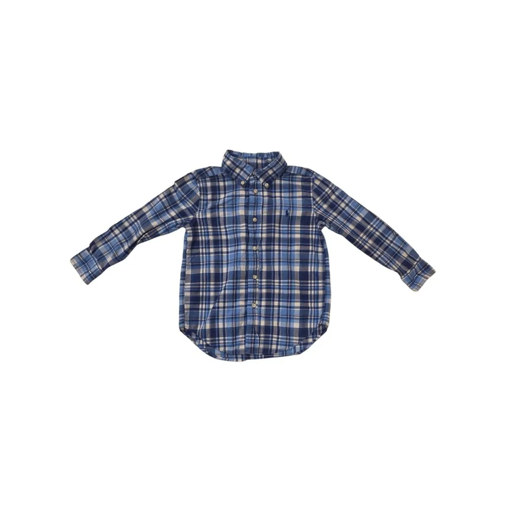 Ralph Lauren Boys 4/4T Plaid Button Down Shirt Blue Pony Cotton Long Sleeve